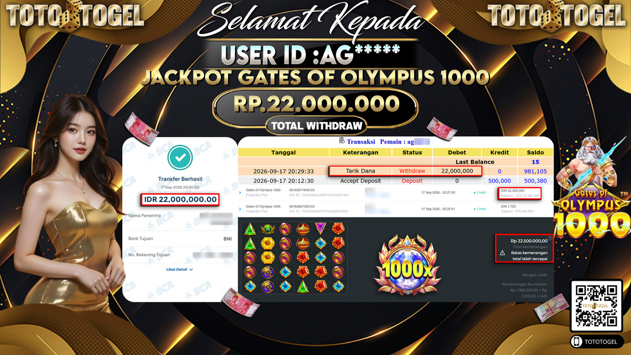 Bukti Pembayaran Jackpot Slot Gates Of Olympus 1000  ID:AG*****LUNAS