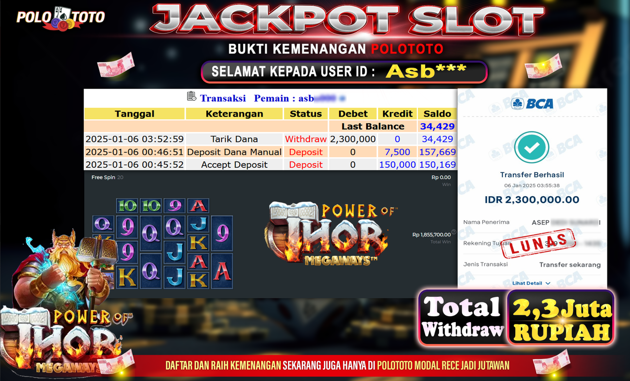 POLOTOTO JACKPOT SLOT POWER OF THOR MEGAWAYS Rp.2,300.000,-