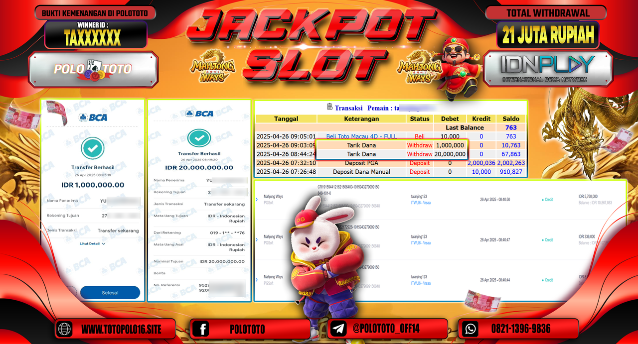 POLOTOTO JACKPOT SLOT MAHJONG WAYS Rp.21.000.000,-