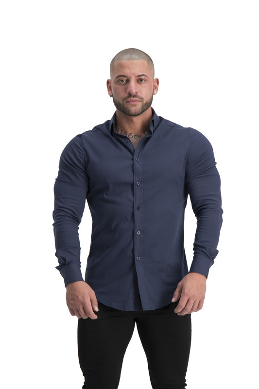 ADONIS.GEAR- MUSCLE FIT, BUTTON UP SHIRT, ULTRA STRETCH (NAVY), LONG ...
