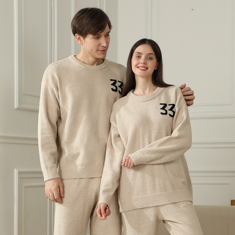 2-Piece Khaki Couples' Pajama Set — Warm & Cozy Semi-Flannel Style. Features a knitted digital pattern, soft fleece fabric, and a pullover design—the perfect choice for home loungewear during the autumn and winter seasons.