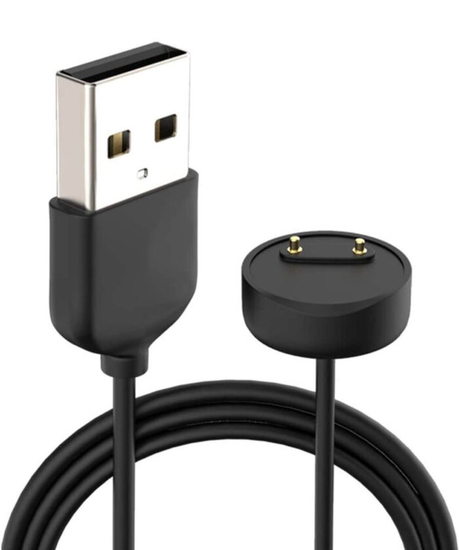 Un cable cargador con un conector magnético redondo, listo para acoplarse a la parte trasera de la Xiaomi Mi Band 5 o 6.