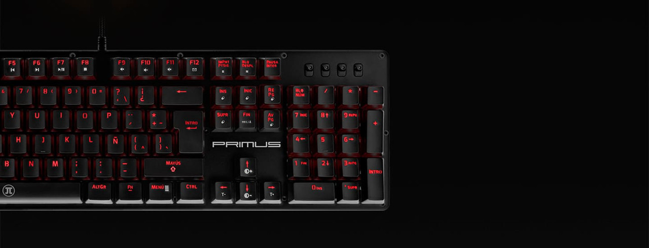Teclado gaming Primus Ballista que muestra el reposamuñecas ergonómico y el diseño completo.