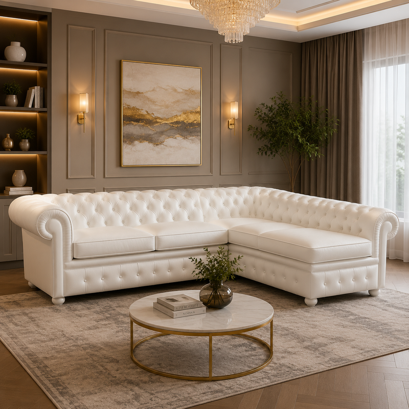 كنبة زاوية رُكنة على شكل حرف L بتصميم عصري قماش عالي الجودة - اللون أبيض - مقاس 250 / 250 × 90 × 85 سم