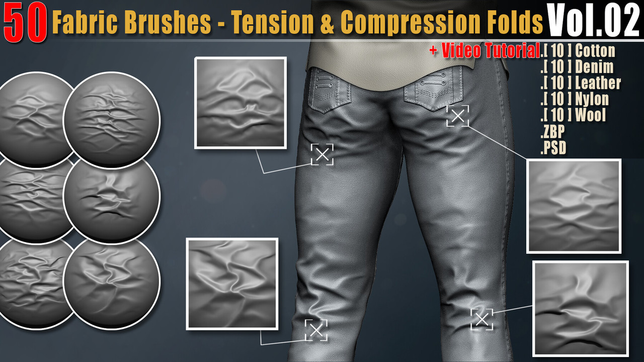 50 Fabric Brushes - Tension & Compression Folds Vol.02 + Video Tutorial