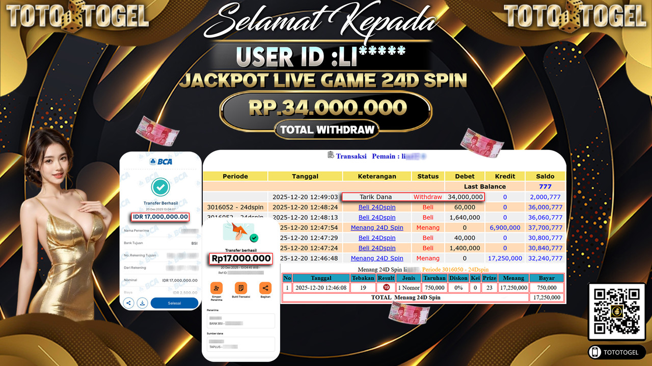 Bukti Pembayaran Jackpot Permainan Live Game 24D Spin ID:LI**** LUNAS