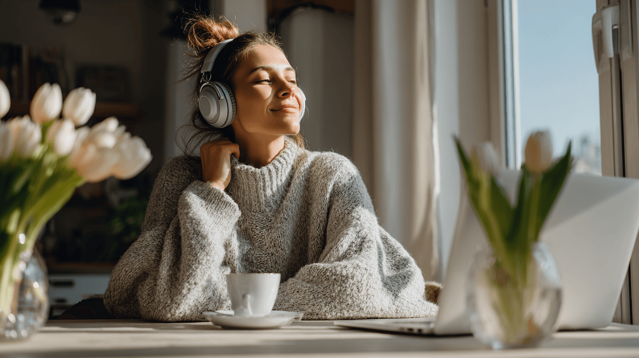 Женщина в наушниках за ноутбуком мечтает, придумывая музыкальный подарок для мужа на кухне