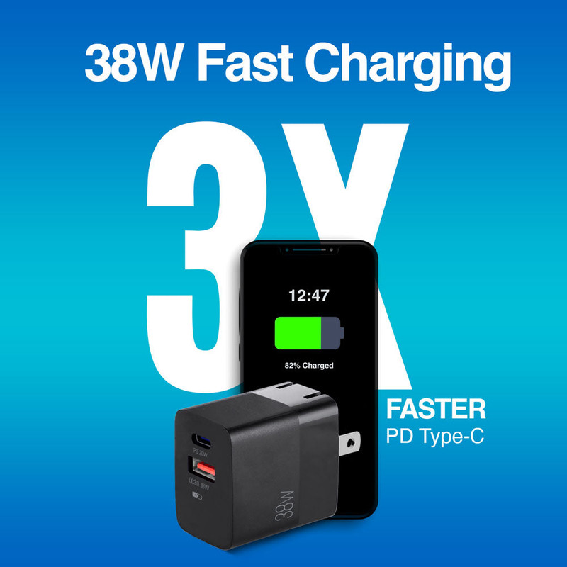 Cargador de pared doble Argom 38W mostrando sus puertos USB-C y USB-A.