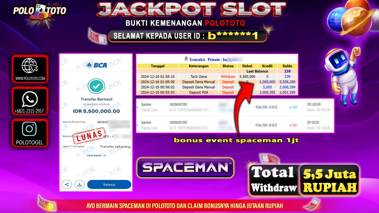 POLOTOTO JACKPOT SLOT SPACEMAN Rp.5,500.000,-