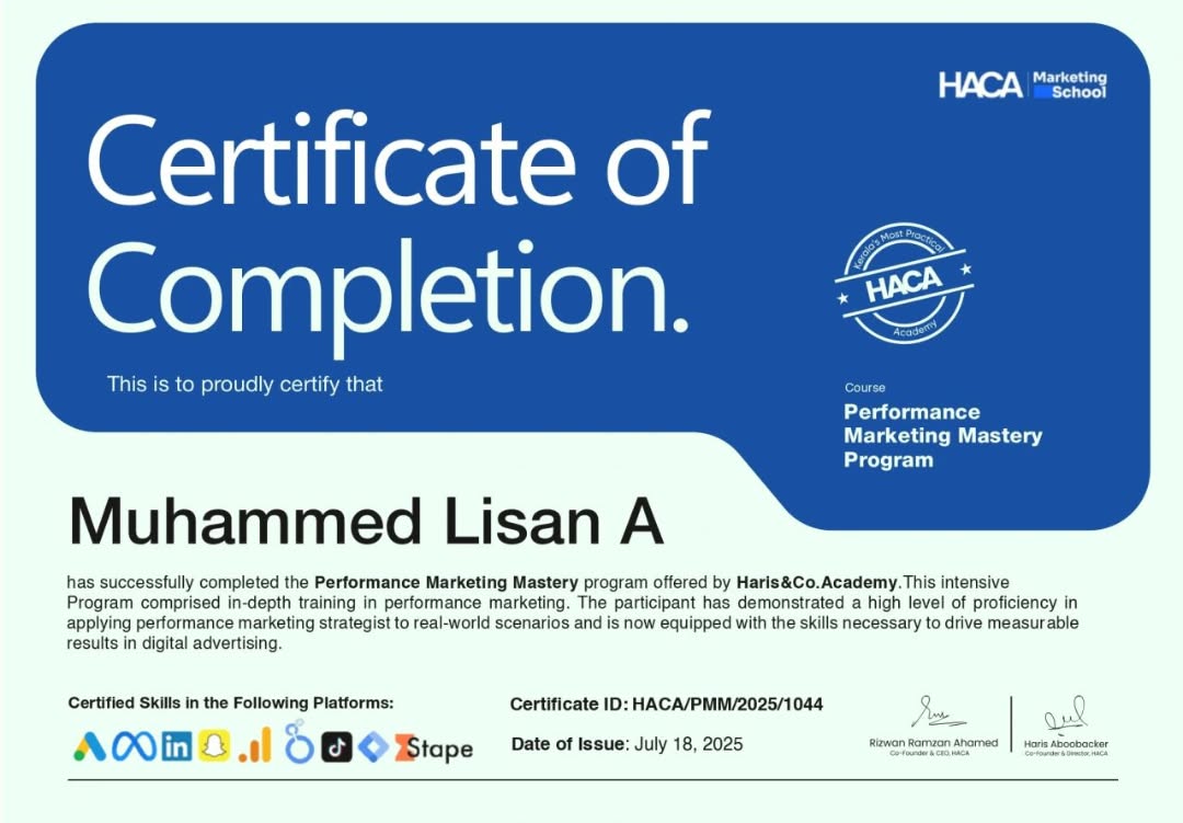 Certificate of Completion for Muhammed Lisan A, Performance Marketing Mastery Program, HACA
