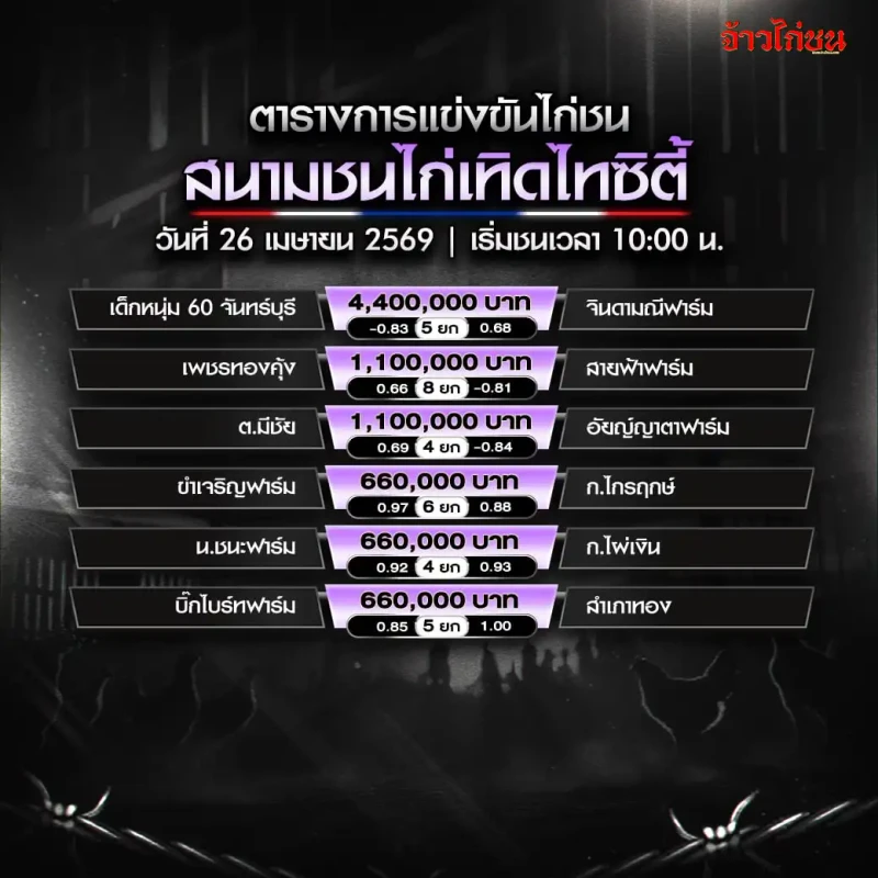 โปรแกรมไก่ชน สนามเทิดไทซิตี้ วันอาทิตย์ที่ 26 เมษายน 2569