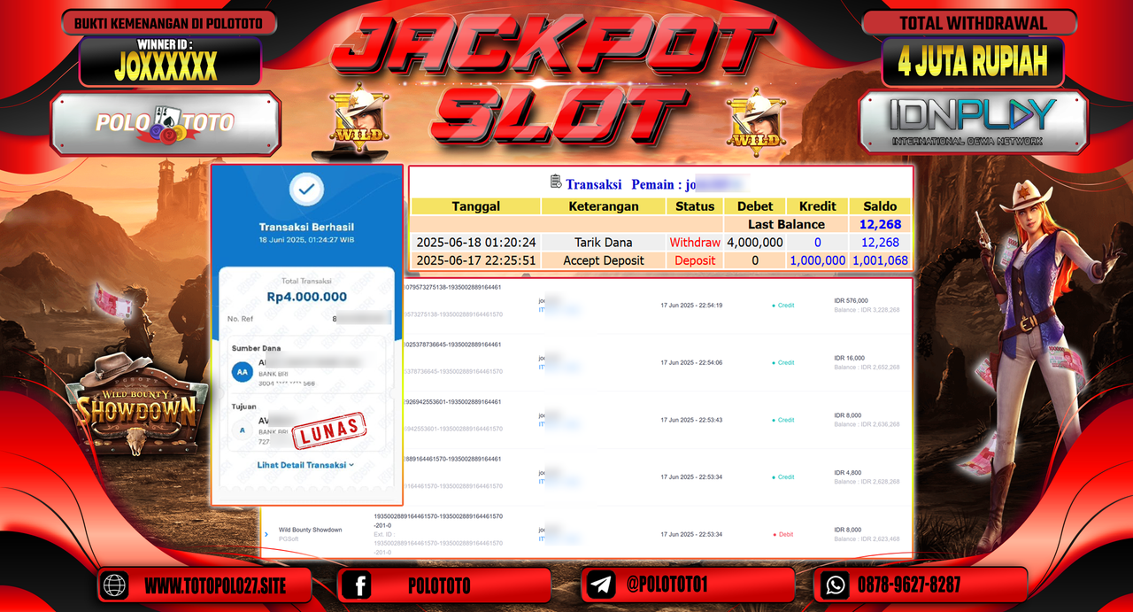 POLOTOTO JACKPOT SLOT WILD BOUNTY SHOWDOWN Rp.4.000.000,-