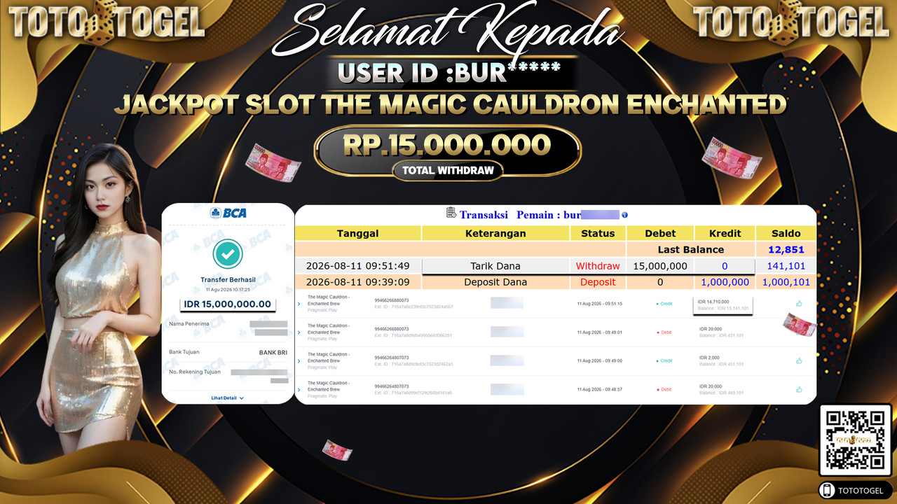 Bukti Pembayaran Jackpot Slot The Magic Cauldron Enchanted ID:BUR*****LUNAS