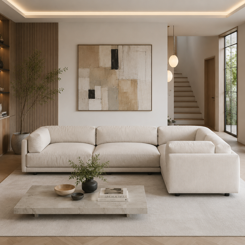 كنبة زاوية رُكنة على شكل حرف L بتصميم عصري من خشب سويدي وكتان قماش عالي الجودة - اللون بيج فاتح - مقاس 300 / 200 × 90 × 85 سم