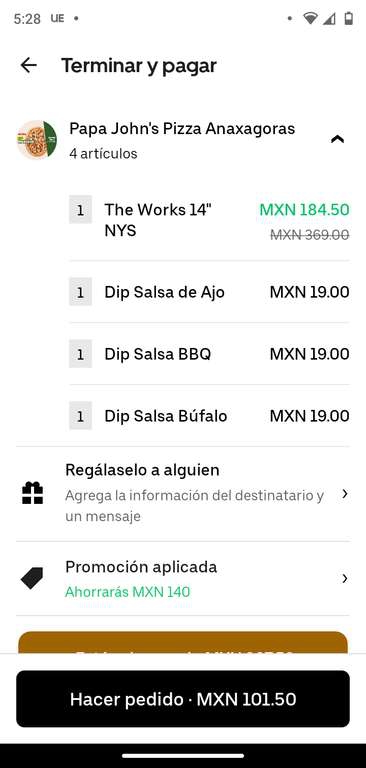 Uber Eats: Papa John's Pizza Anaxagoras CDMX (Uber One)