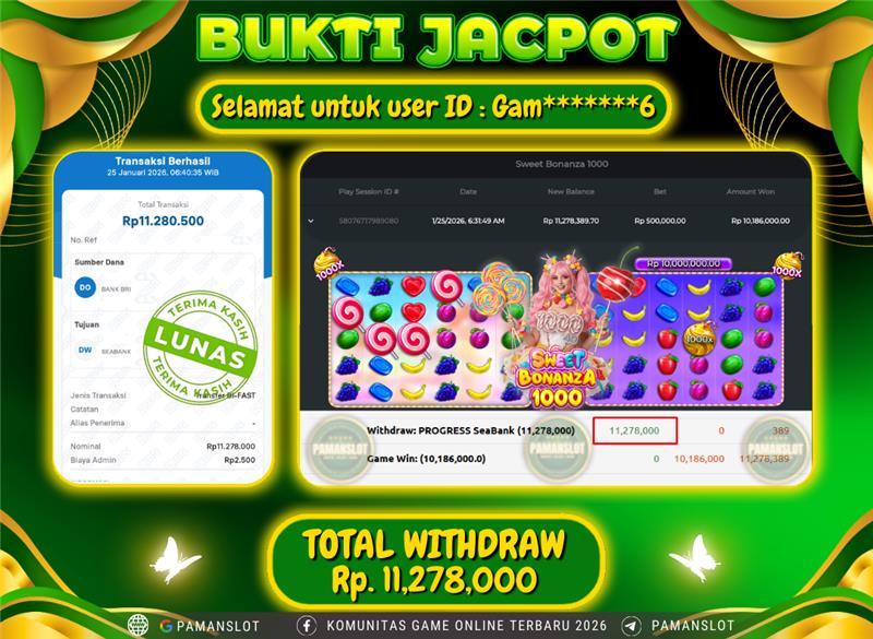PAMANSLOT JACKPOT Game PP - Sweet Bonanza 1000 Rp.11,278,000- LUNAS