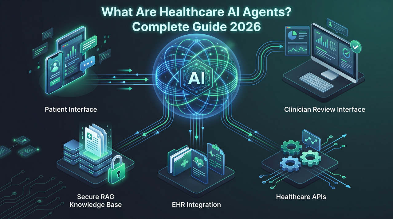 Healthcare AI agent architecture connecting patients, healthcare systems, RAG, and clinical workflows