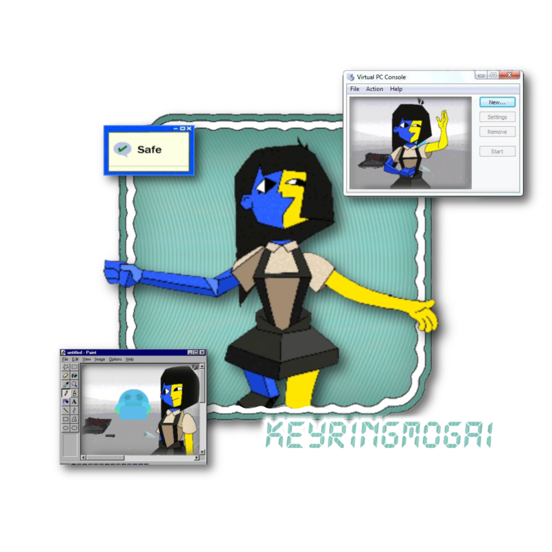 Joel G's character Ena with her arms outstretched over top of a teal, scalloped square with a CRT TV texture over it. Around her are various computer pop-ups:  the one in the top left simply says "safe" with a checkmark. The one in the top right has a picture of her waving politely with her other arm over her abdomen. The one in the bottom left has a picture of her standing inanimately to the right. In the bottom right is "keyringmogai" in all caps in a teal, digital font, outlined in glowing white.