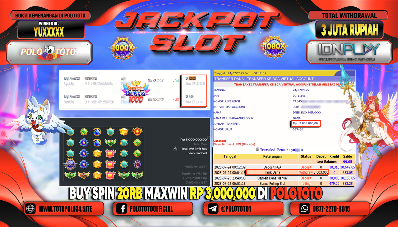 POLOTOTO JACKPOT SLOT STARLIGHT PRINCESS 1000 Rp.3.000.000,-