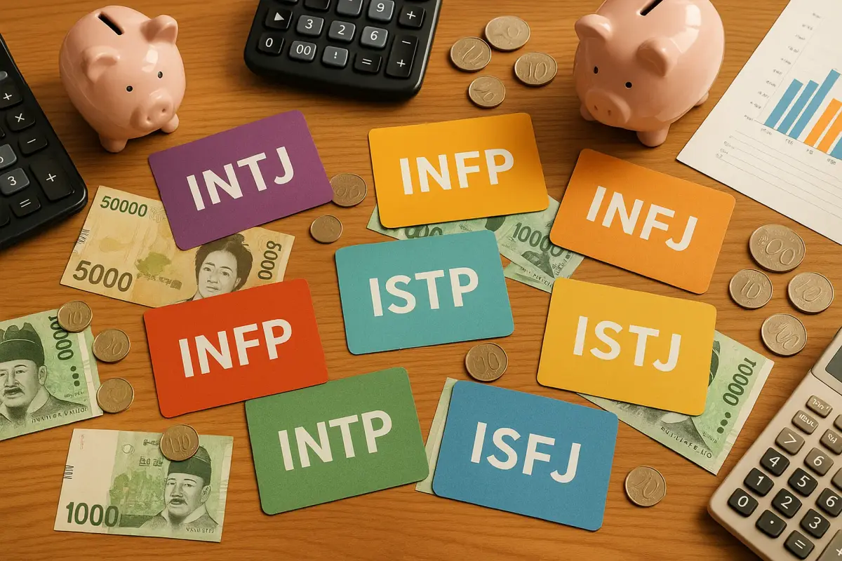 MBTI 내향형 성격별 절약 전략을 표현한 금융 아이템과 카드 배열 이미지