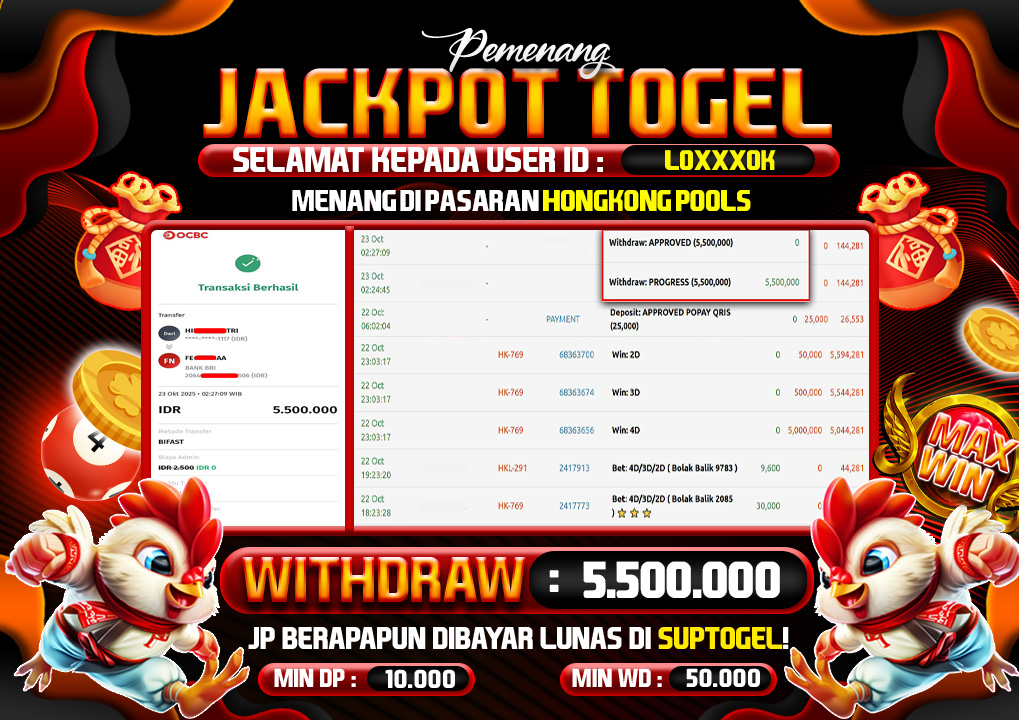  BUKTI KEMENANGAN 23 OCTOBER 2025 MENANG DI TOGEL HONGKONG POOLS 5.5JT