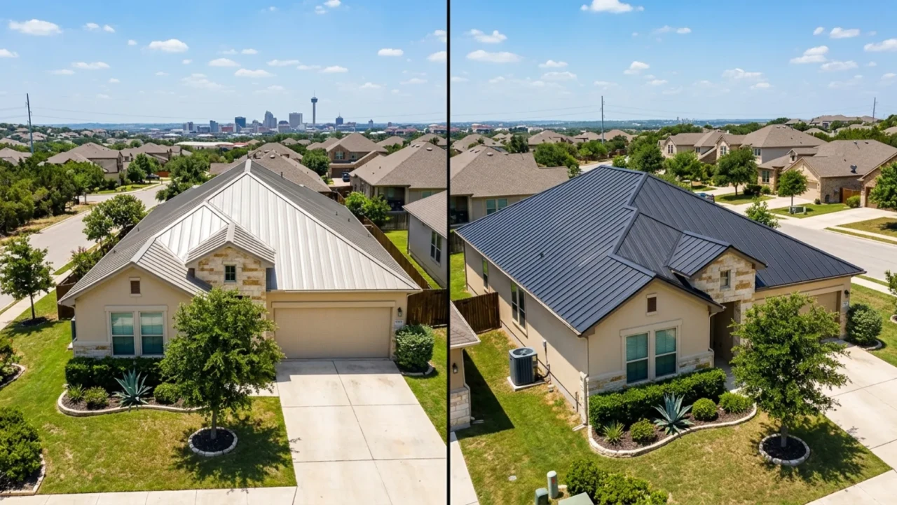 Metal roof color comparison light gray tan versus dark charcoal energy efficiency San Antonio