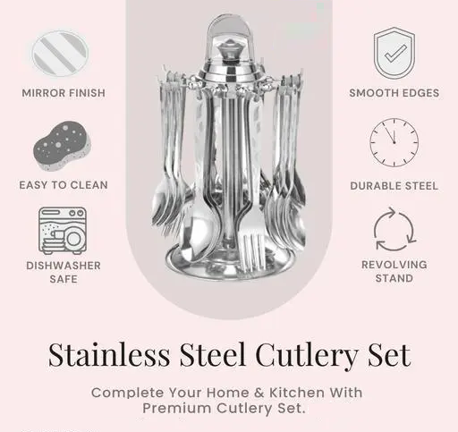 Cutlery Set, Set of 25 Pcs (6 Tea Spoons, 6 Baby Spoons, 6 Baby Forks, 6 Soup Spoons, 1 SS Stand with ABS Plastic Top) Color 1 (R508)