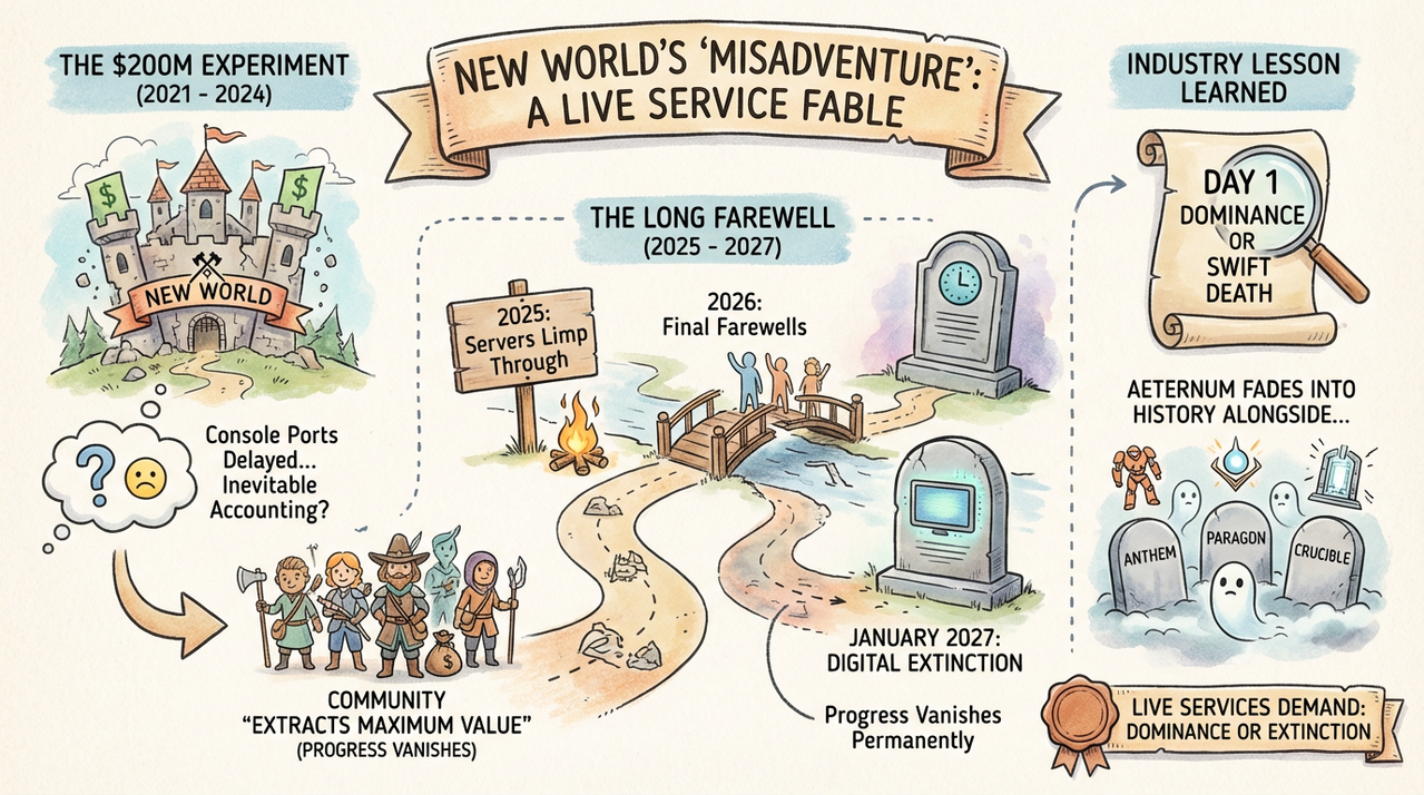 New World Aeternum Enters Final Year - Servers Die January 31, 2027 After Content Freeze 1 Abandoned fantasy castle overtaken by jungle vines