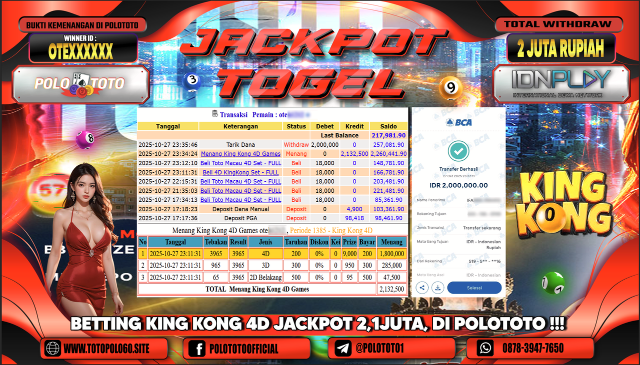 POLOTOTO JACKPOT TOGEL MENANG KINGKONG 4D GAMES Rp.2.00.000,- LUNAS