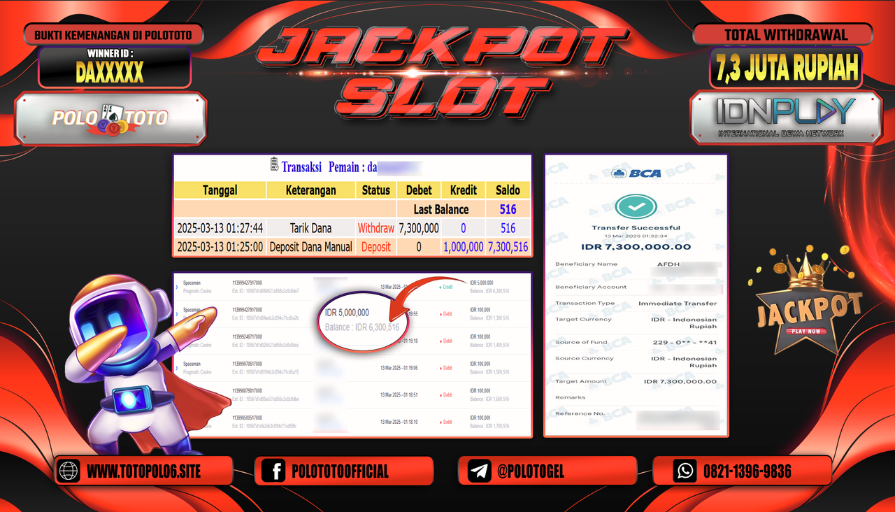 POLOTOTO JACKPOT SLOT SPACEMAN Rp.7.300.000,-