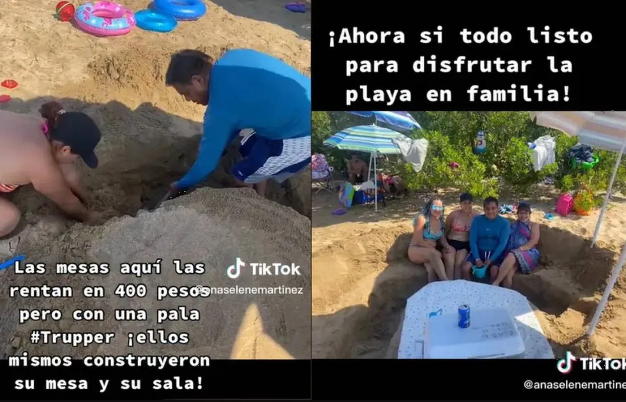 Familia hace su “palapa” escarbando en la arena