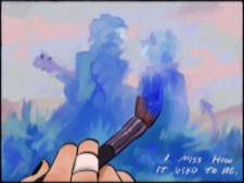 a drawing made by wolfhotels. "I miss how it used to be" is written in white in the bottom right on top of a close up shot of c!tommy painting on a canvas, the paint on his brush blue and a bandage on his finger. the painting is of him and lc!wilbur together, wilbur with a guitar and their backs facing towards us. they are both given a white streak in their hair, there's a large stitch in the middle of wilbur's coat, tommy has his bandana on, and has demon horns and a tail. they are sitting on grass together infrint of a pastel sky. the painting has an impressionist style, and is mainly made up of light blues, with purple details and pink clouds. the image is cropped and resized to be smaller