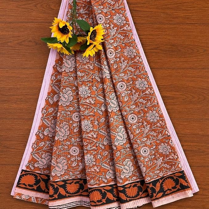 Women's Ready to Wear Chanderi Silk Saree with Vine Hand Block Print