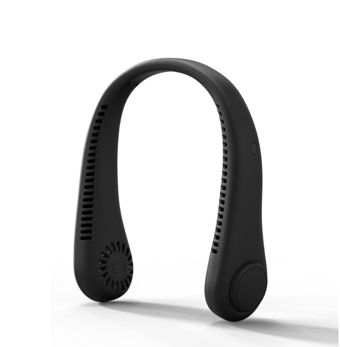 Abanico de cuello recargable V2 de color blanco, mostrando sus dos ventiladores.