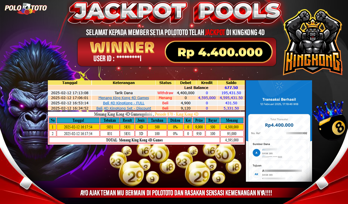 POLOTOTO JACKPOT POOLS KINGKONG 4D Rp.4.400.000,- 