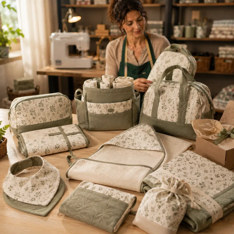 Set completo de canastilla de bebé: bolso maternal, organizador, toalla con capucha, babero y cambiador