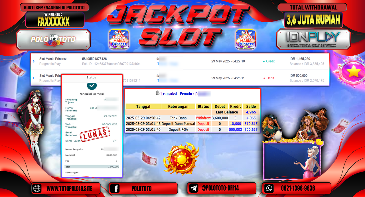 POLOTOTO JACKPOT SLOT MANIA PRINCESS Rp.3.600.000,-