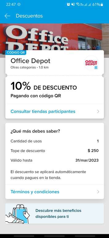 10% descuento en Office Depot pagando con QR mercado pago (compra mín $400, topado a $250) 
