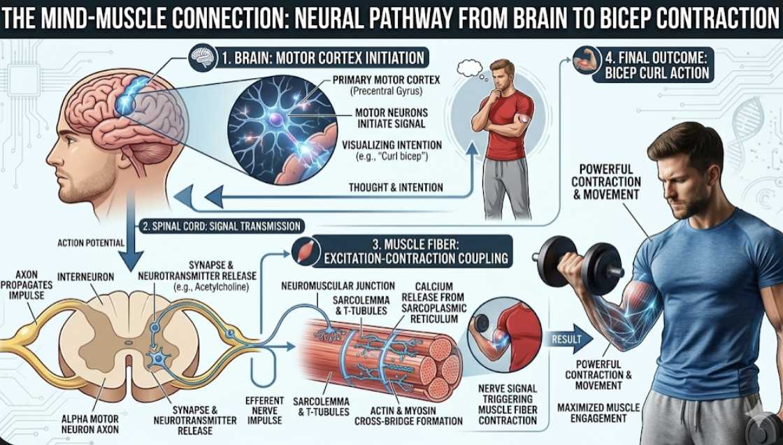 Diagram showing neural pathway from brain motor cortex to spinal cord to muscle fiber illustrating mind-muscle connection and motor unit recruitment