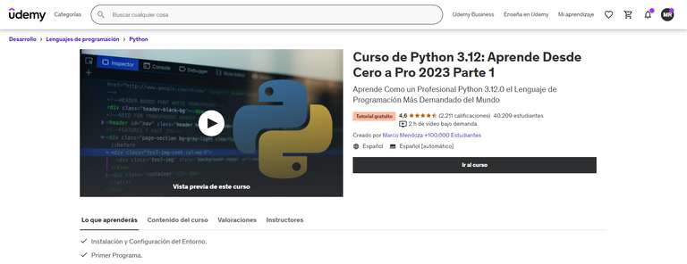 UDEMY// Curso Gratuito de Python 3.12: Aprende Desde Cero a Pro 2023 Parte 1 
