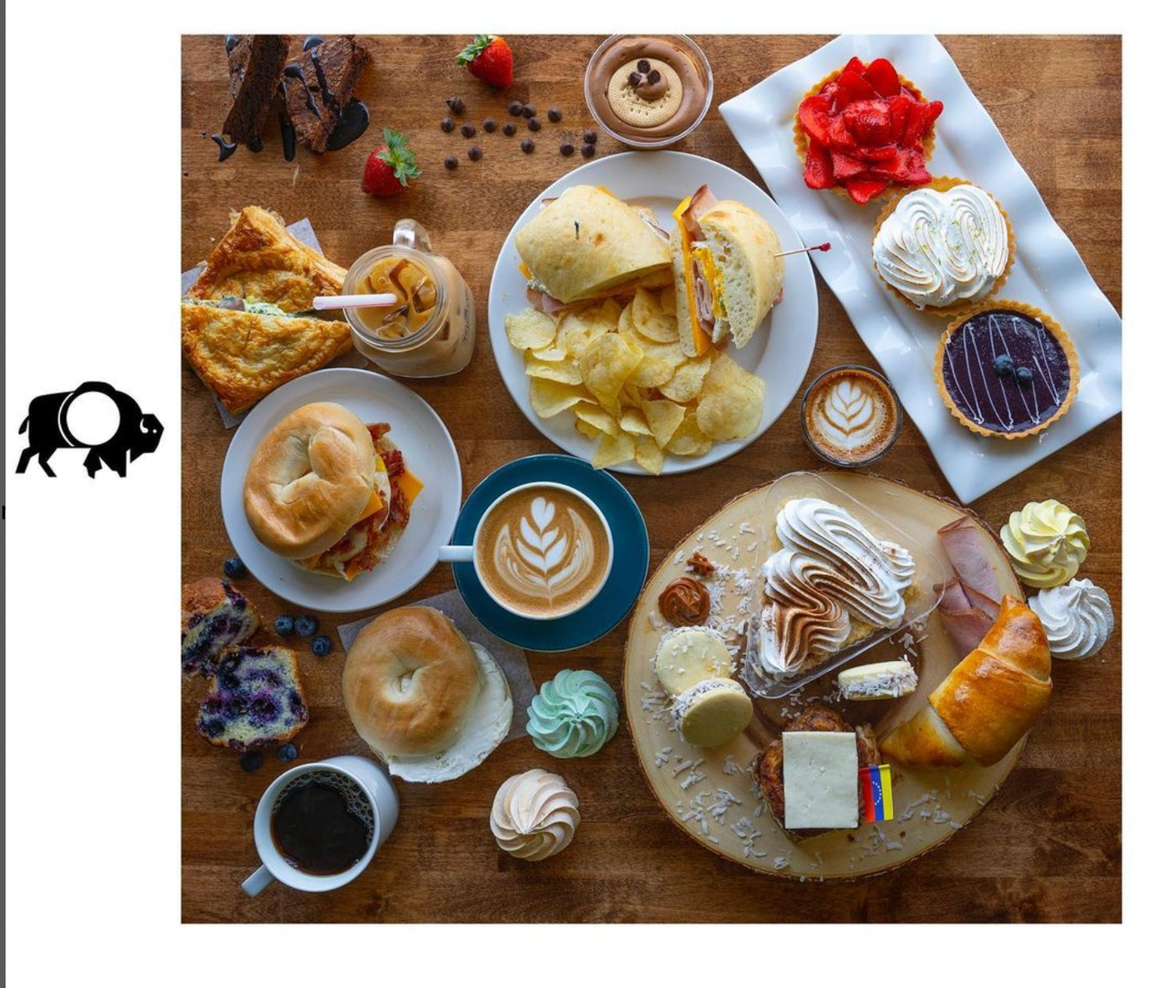 Overhead breakfast menu photography for a Chicago cafe with eggs, pancakes, coffee, and table spread