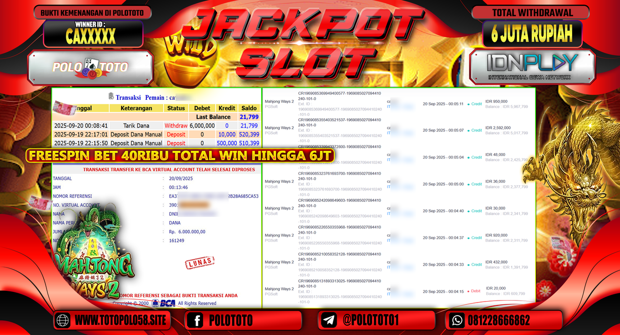 POLOTOTO JACKPOT SLOT MAHJONG WAYS 2 Rp.6.000.000,-