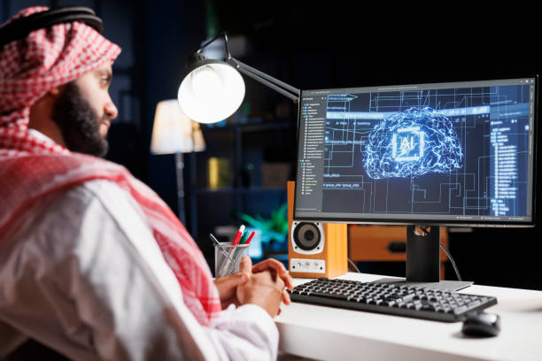 Middle Eastern student engaged in self-learning artificial intelligence through modern digital tools.