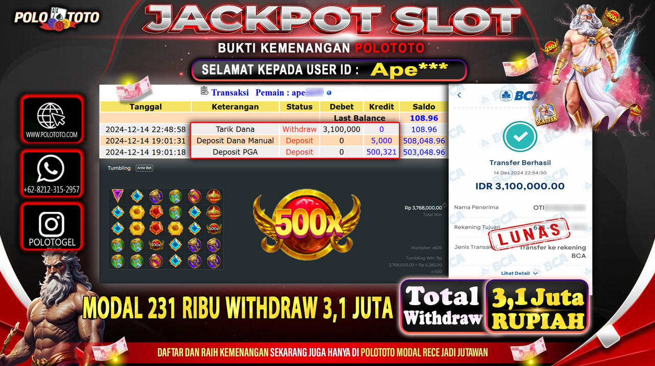 POLOTOTO JACKPOT SLOT GATES OF OLYMPUS Rp.3,100.000,-
