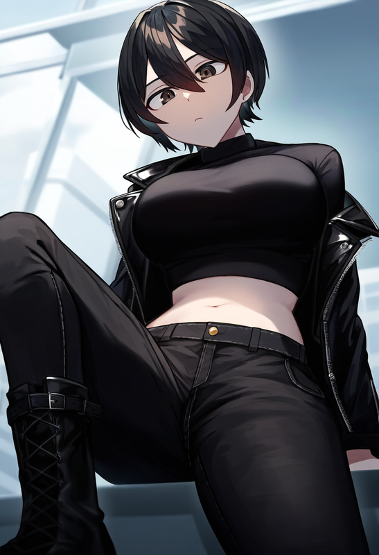 depth of field, 1girl, [[tall]], large breasts, short hair, black hair, black le s-353910368