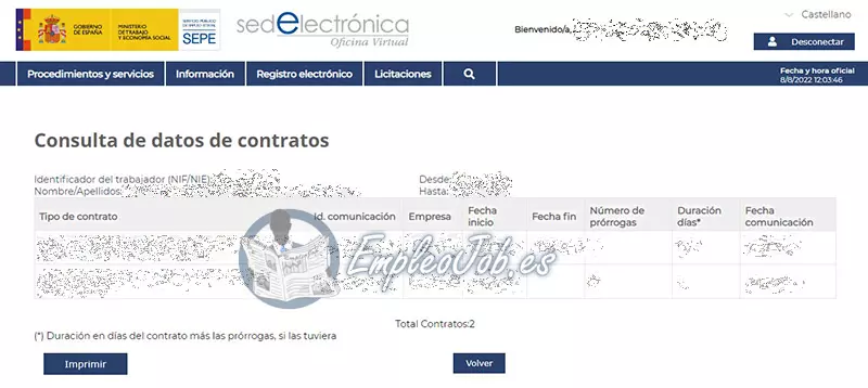 Panel de consulta de datos de contratos