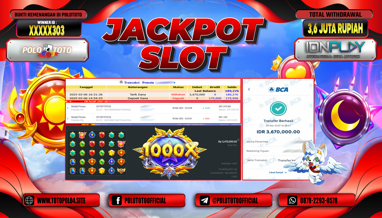 POLOTOTO JACKPOT SLOT STARLIGHT PRINCESS Rp.3.670.000,-