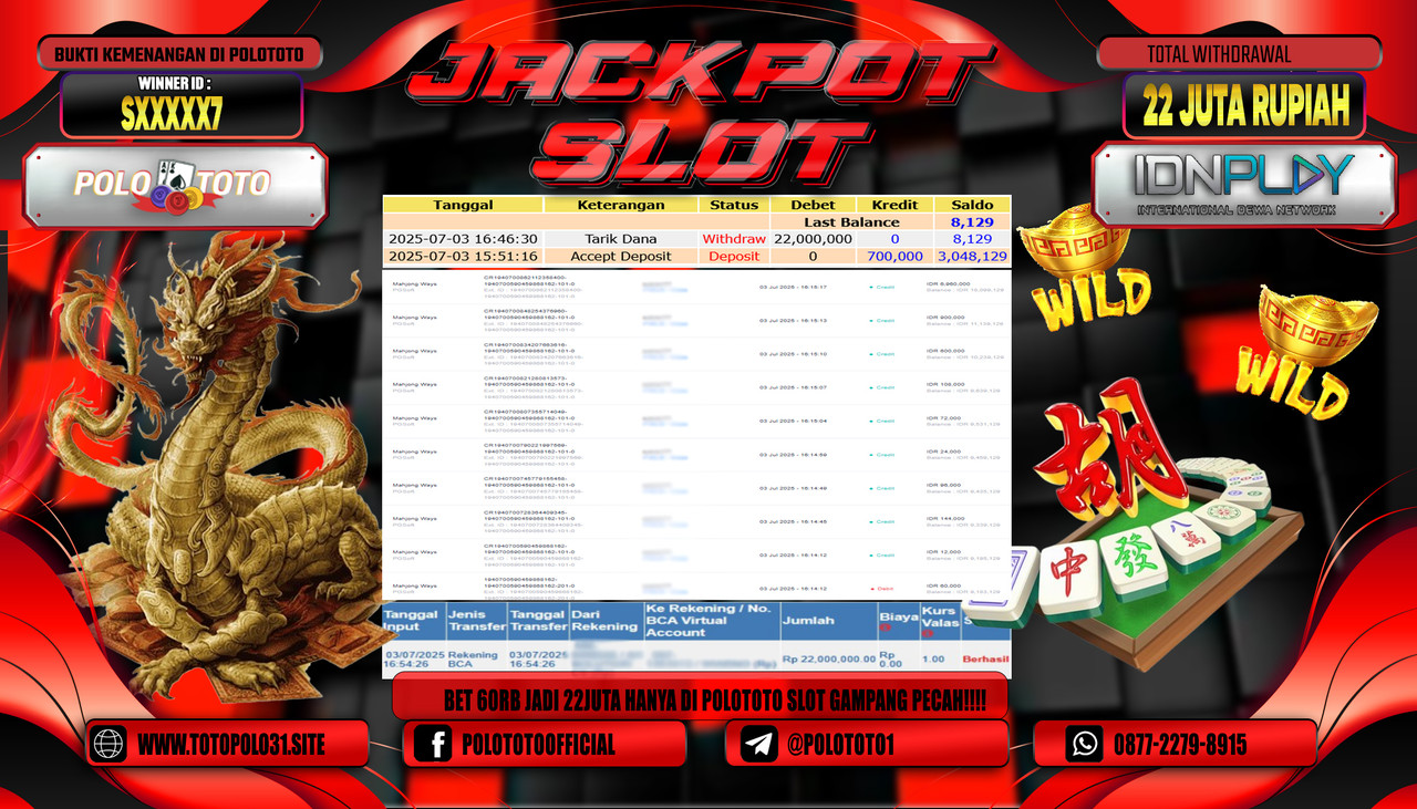 POLOTOTO JACKPOT SLOT MAHJONG WAYS Rp.22.000.000,- LUNAS