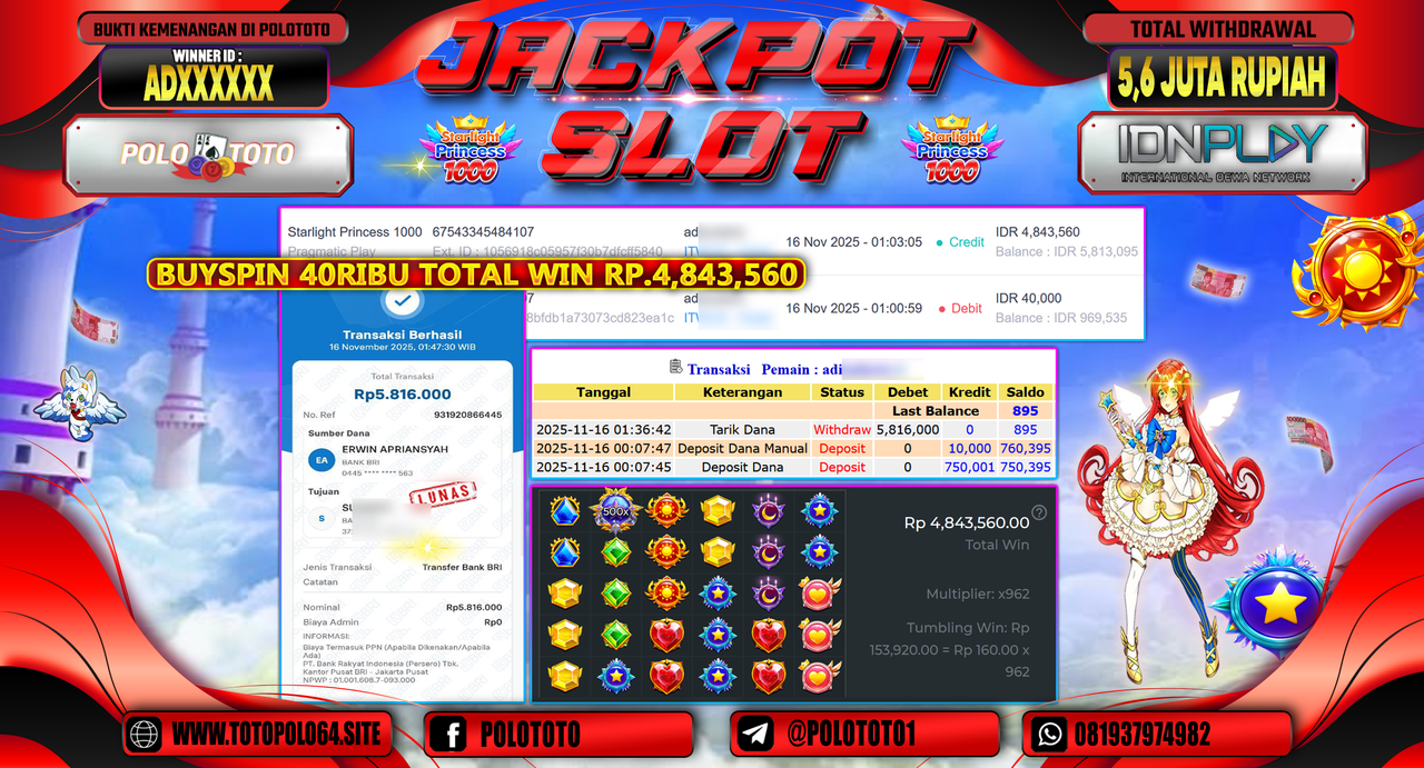 POLOTOTO JACKPOT SLOT STARLIGHT PRINCESS 1000 Rp.5.600.000,- LUNAS