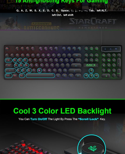 Tastatura Gaming iMice AK-800 Laser Light Gradient, 3 Culori, Taste Cu ...
